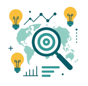 cono plano con lupa, bombillas y gráfico ascendente en tonos turquesa y dorado, representa el análisis estratégico, la investigación y la planificación inicial en proyectos de diseño web y experiencia de usuario (UX).