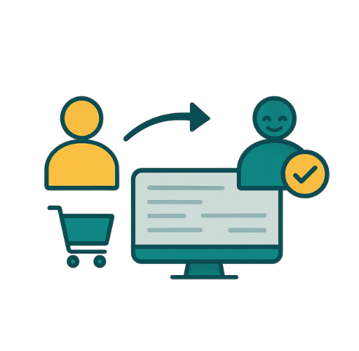 Icono plano de dos figuras conectadas por una flecha con carrito y pantalla, representa los elementos de conversión digital y las estrategias para transformar visitas en clientes potenciales.