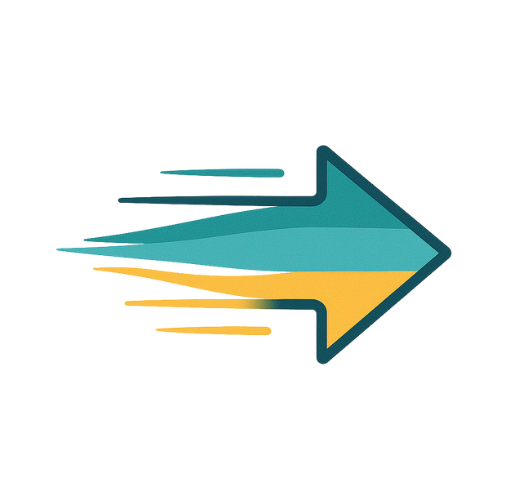 cono plano de flecha rápida en tonos turquesa y dorado, simboliza la optimización de velocidad de carga y la estructura intuitiva en sitios web profesionales.