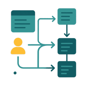 Icono plano de monitor con código y flecha ascendente en tonos turquesa y dorado, representa el desarrollo web y el diseño visual de alto impacto orientado a la usabilidad y la optimización SEO.