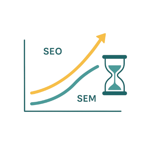 Gráfico con línea ascendente y reloj de arena, símbolo del crecimiento progresivo mediante estrategias combinadas de SEO y publicidad SEM.