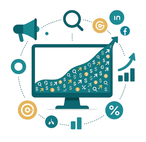 Icono plano de monitor con métricas, lupa, engranajes y símbolos de redes sociales en tonos turquesa y dorado, simboliza la gestión profesional de redes sociales y el análisis de rendimiento digital.