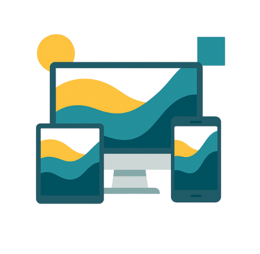 Icono plano de monitor, tablet y smartphone en tonos turquesa y dorado, representa el diseño web responsive y la adaptación a múltiples dispositivos para mejorar la experiencia de usuario y el SEO.