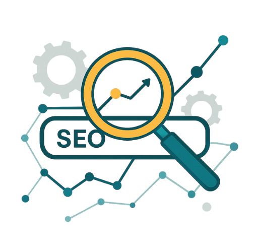 Icono plano con lupa, gráficos y engranajes en tonos turquesa y dorado, representa la optimización SEO avanzada y la configuración técnica para mejorar el posicionamiento web.