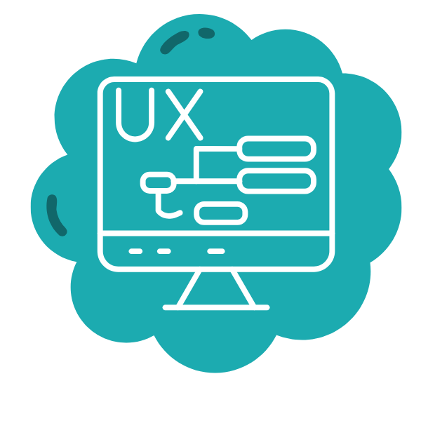 Icono plano de monitor con estructura de interfaz y letras UX en tonos turquesa, símbolo de diseño de experiencia de usuario y arquitectura web profesional.
