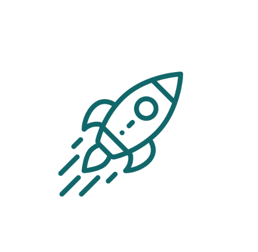 cono minimalista de un cohete despegando en tonos turquesa, símbolo del crecimiento, la visibilidad y el impulso del posicionamiento orgánico en buscadores.