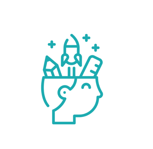 cono minimalista de una cabeza con lápices y cohetes, símbolo de creatividad, innovación y pensamiento estratégico en branding digital.