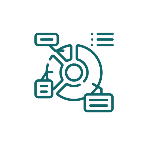 Icono plano de gráfico circular con conexiones y nodos, representando el análisis de datos, la medición de resultados y la optimización de estrategias digitales.