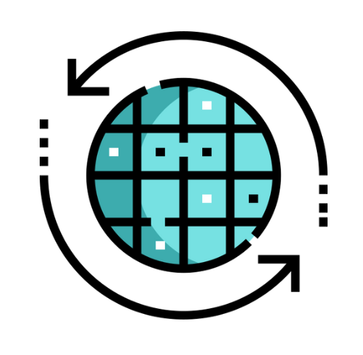 Icono plano de globo digital con flechas circulares en tonos turquesa y dorado, representa la evolución del SEO hacia la optimización para búsquedas basadas en inteligencia artificial y sistemas conversacionales.