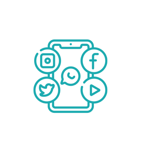 Icono plano de un smartphone rodeado de logotipos de redes sociales como Facebook, Instagram, Twitter y WhatsApp, representando la gestión profesional de campañas digitales y redes sociales para empresas.