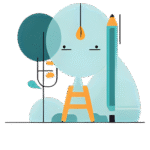 Icono plano ilustrado de una figura creativa con pincel y lápiz en tonos turquesa y dorado, representando el proceso de diseño, identidad visual y creatividad aplicada al branding digital.