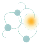 Icono plano con nodos conectados en tonos turquesa y un brillo dorado central, simbolizando la coherencia visual, la estrategia digital y la conexión entre canales de marca.