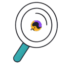 Icono plano de una lupa con detalles turquesas y dorados, simbolizando el análisis, la visión estratégica y la comprensión profunda del branding y la creatividad digital.