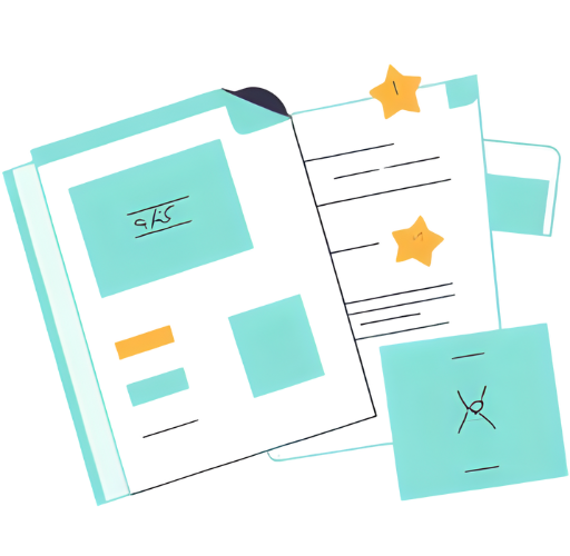 Ilustración plana de documentos de diseño, paletas de color y hojas de identidad visual en tonos turquesa y dorado, simbolizando la coherencia profesional en el branding y creatividad digital.