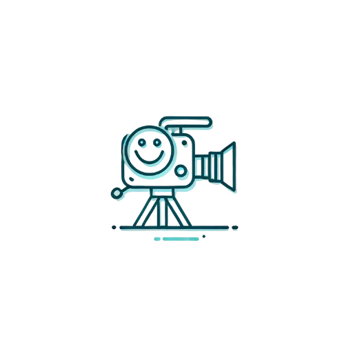 Icono plano minimalista de una cámara de vídeo profesional en tonos turquesa y dorado, símbolo de grabación y producción audiovisual.