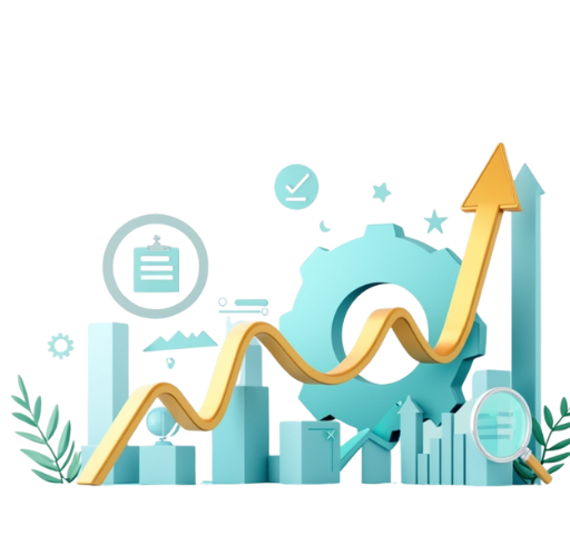 lustración plana minimalista con gráficos ascendentes y símbolos digitales, representando el crecimiento y la mejora del rendimiento mediante analítica web y optimización digital.