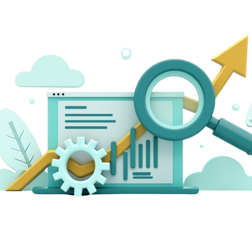 Ilustración plana minimalista con lupa, engranaje y panel analítico, símbolo de la analítica web y la optimización digital para mejorar resultados y eficiencia.
