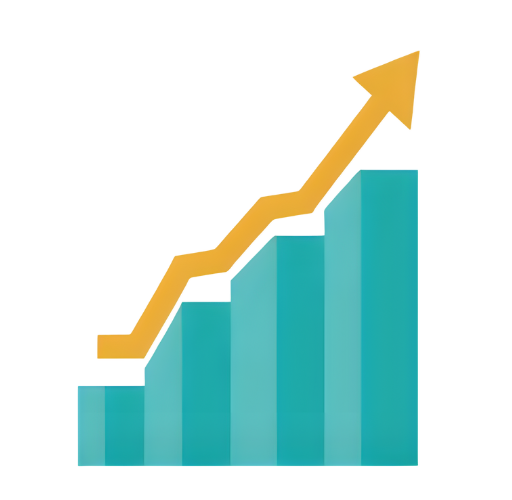 Icono plano de gráfico ascendente en tonos turquesa y dorado, símbolo de resultados medibles en marketing digital y diseño web profesional.