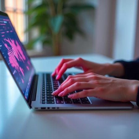 Manos trabajando en un portátil con pantalla de diseño digital, símbolo del proceso profesional de diseño web y experiencia de usuario (UX) enfocados en la conversión y la captación de clientes.