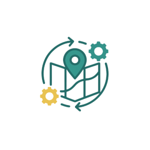 Icono plano de mapa con engranajes y marcador de ubicación en tonos turquesa y dorado, simboliza la planificación de presupuesto y la elección de plataformas publicitarias más rentables para PYMEs.