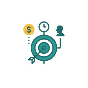 Icono plano con diana, reloj, símbolo de dólar y silueta de persona, representa la definición de objetivos SMART y el estudio del buyer persona en estrategias de marketing digital para PYMEs.