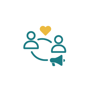 Icono plano de dos personas conectadas por un círculo y un corazón dorado, simboliza conexión emocional y coherencia visual en campañas Social Ads.