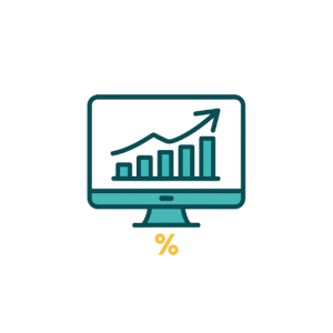 Icono plano de monitor con gráfico de crecimiento y símbolo de porcentaje, representa la analítica como motor del marketing digital.